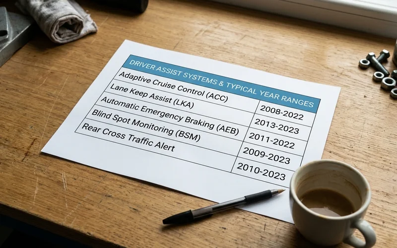 Chart listing driver-assist system names by manufacturer and typical model years