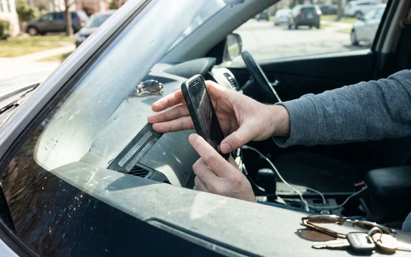 VIN plate at the base of a windshield being photographed with a phone