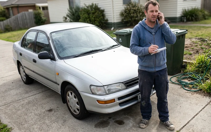 Driver calling their insurance agent from the driveway before filing a glass claim