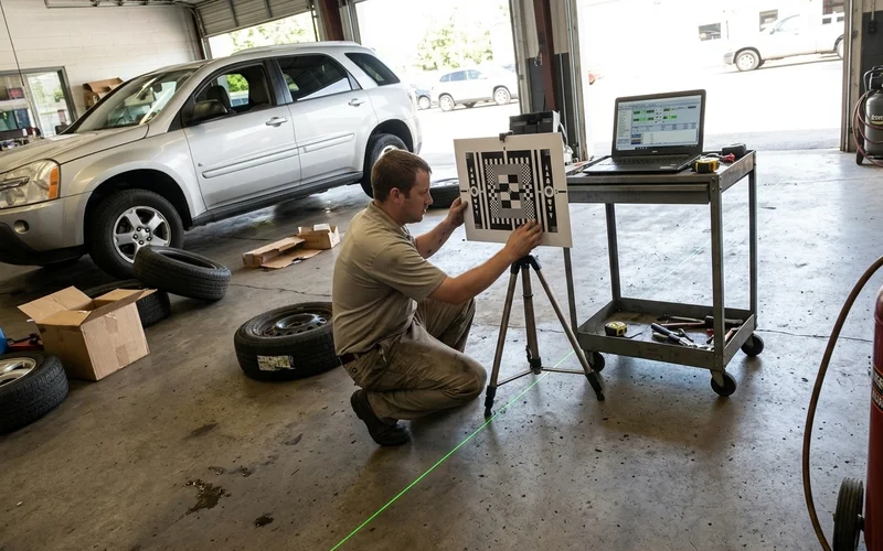 Technician aligning a static calibration target board in front of a parked SUV