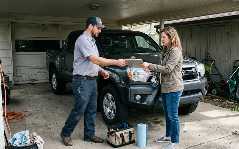 Technician handing an itemised cash quote to a customer beside a pickup truck