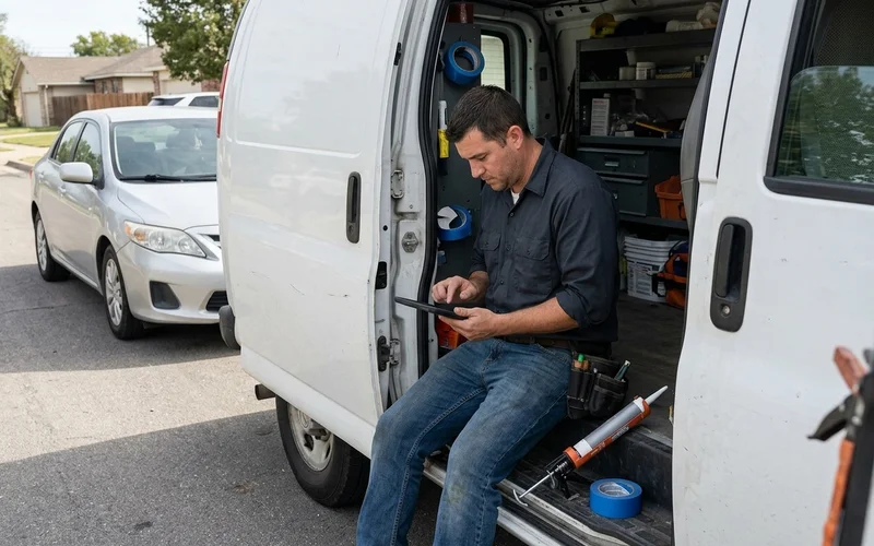 Technician filing an insurance glass claim from the service van