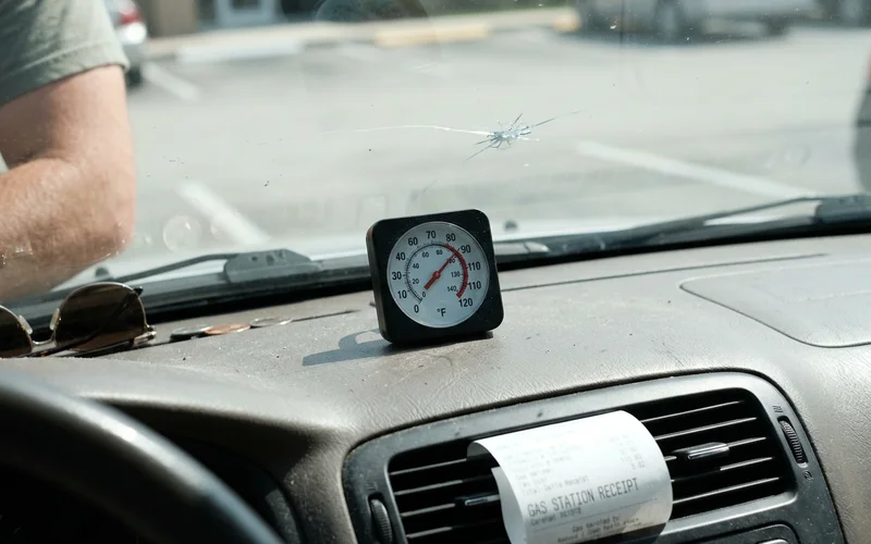 Dashboard thermometer showing extreme cabin heat with a chipped windshield behind it