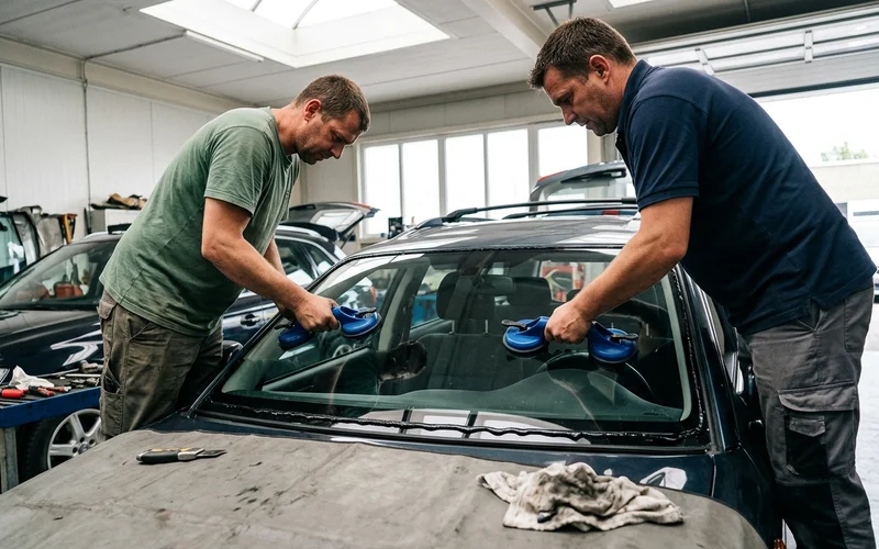 Technicians setting a new windshield into place with suction tools