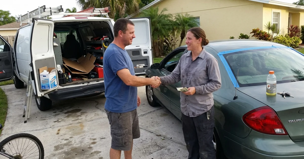 Driver shaking hands with a mobile technician after a cash windshield replacement