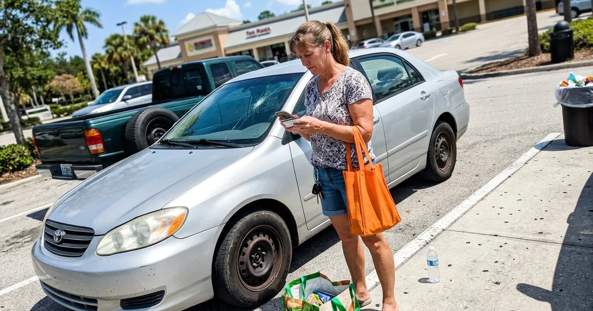 Florida driver checking their insurance card on a phone beside a car with a cracked windshield