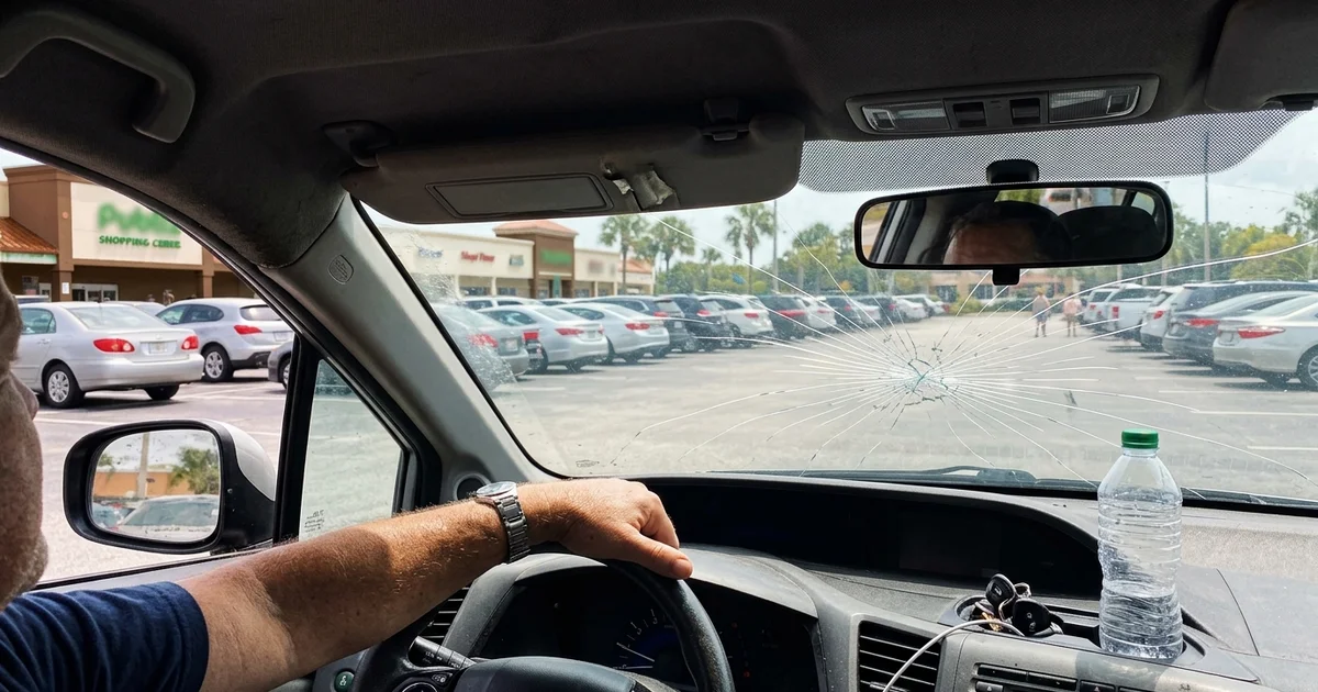 A crack spreading across a windshield seen from inside a hot parked car in Florida