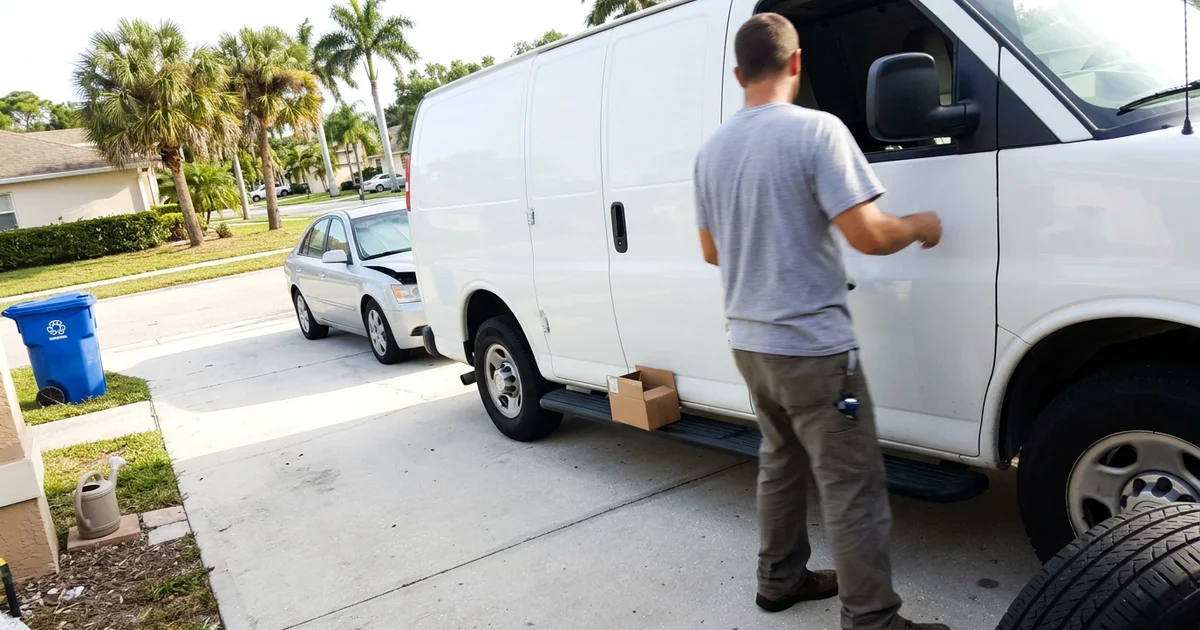 Mobile auto glass van arriving at a suburban Florida driveway