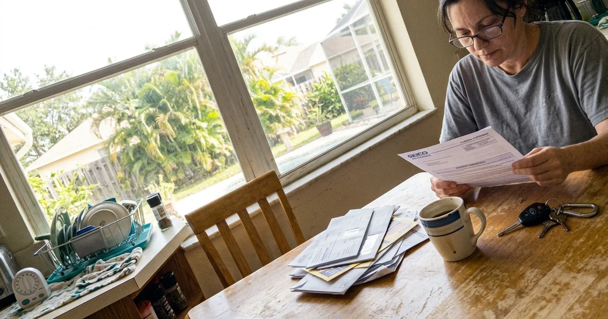 Driver reviewing an auto insurance statement at a kitchen table in natural light
