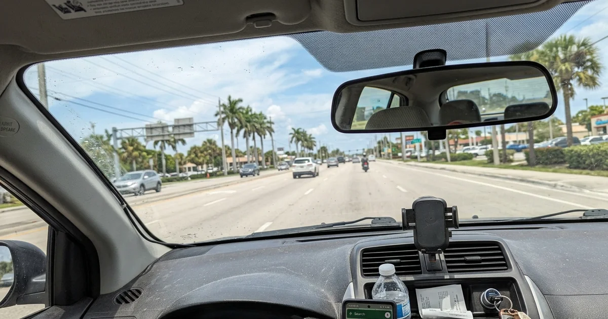 Forward-facing camera module mounted behind a windshield, seen from inside the cabin