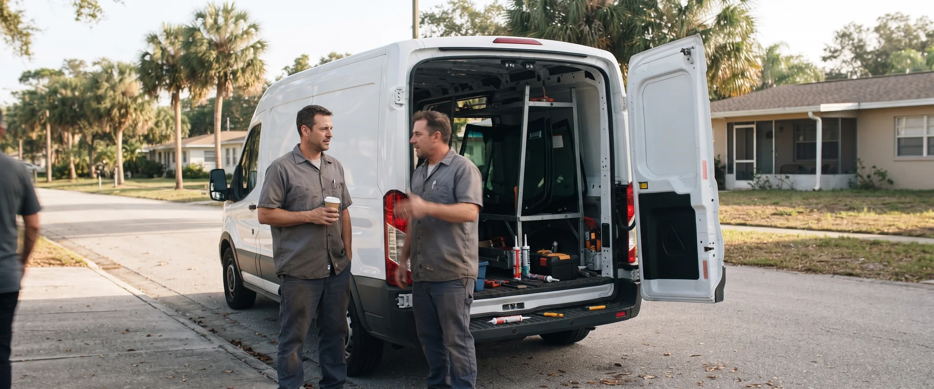ClearShield technicians beside a mobile service van on a Florida street