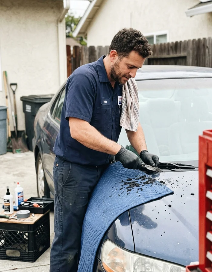ClearShield technician trimming old urethane from a windshield frame