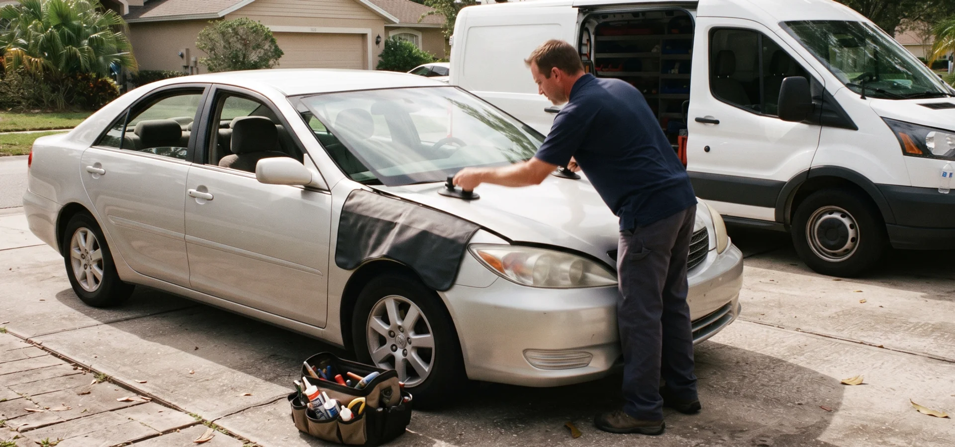 ClearShield technician setting a new windshield onto a car in a Florida driveway