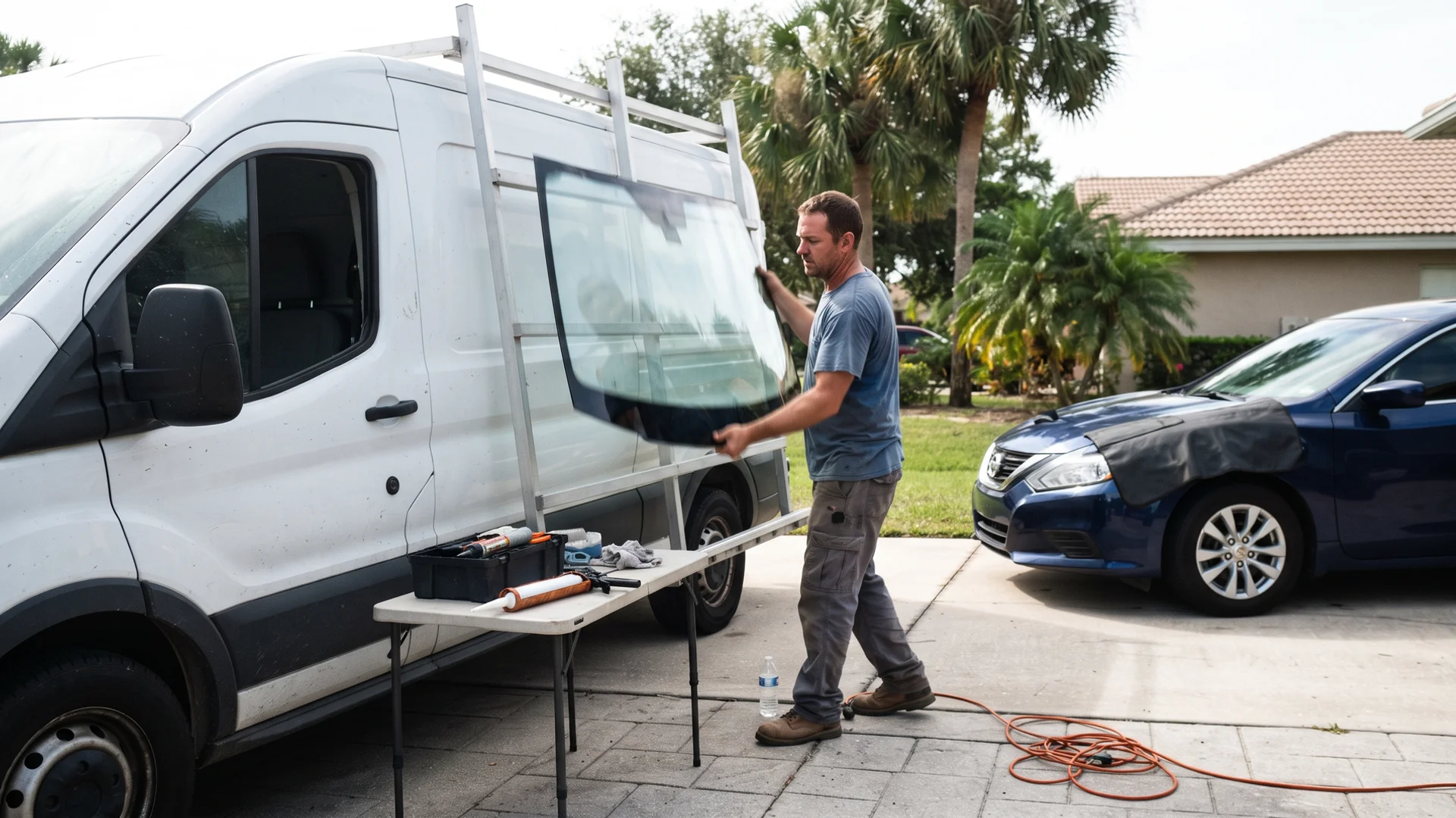 ClearShield technician lifting a new windshield from a mobile service van in a Florida driveway