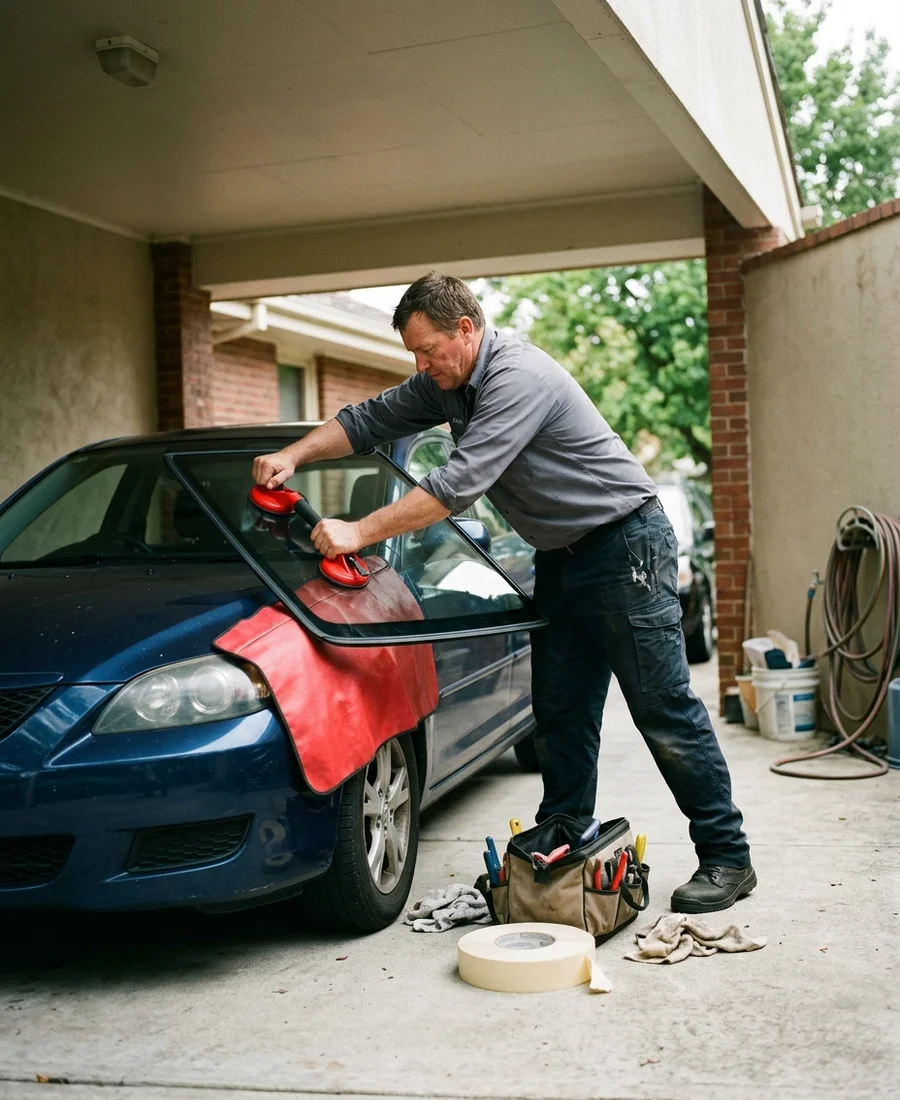 ClearShield technician setting a new windshield in a residential carport
