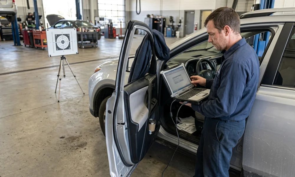 Technician running an ADAS camera calibration routine on a laptop connected to a vehicle