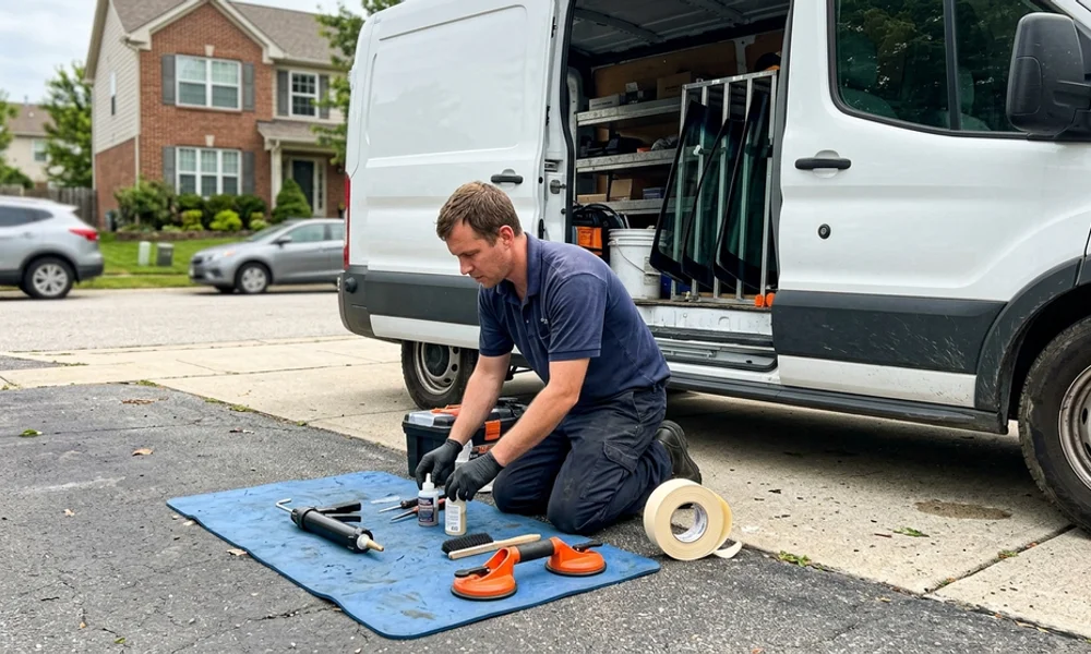 Technician demonstrating the mobile windshield replacement process with professional tools at a customer's home