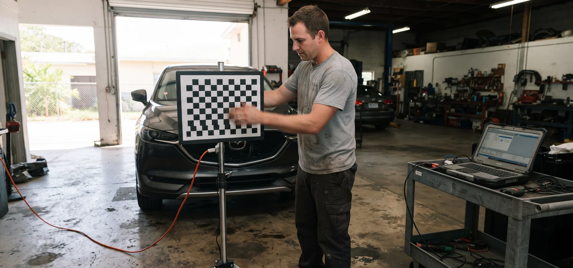 Technician setting up a static ADAS calibration target board in front of a vehicle