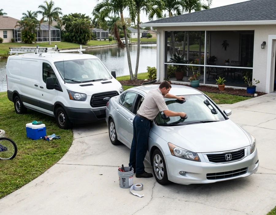 Windshield replacement happening in a spread-out Florida suburban driveway